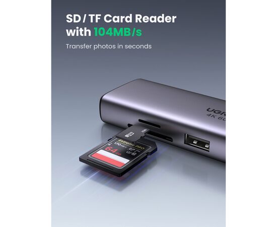Концентратор Ugreen USB3.1 Type-C to HDMI/USB 3.0x2/RJ45/SD/TF/PD 100W CM512 (60515), изображение 12 Концентратор Ugreen USB3.1 Type-C to HDMI/USB 3.0x2/RJ45/SD/TF/PD 100W CM512 (60515), изображение 12