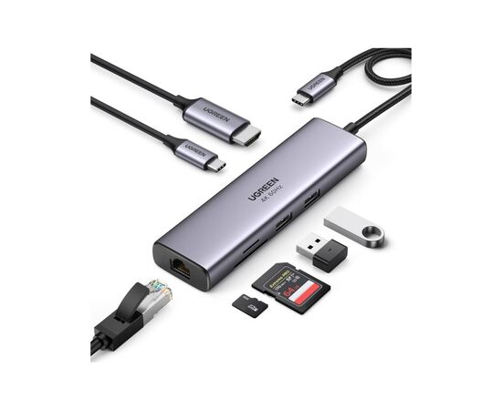 Концентратор Ugreen USB3.1 Type-C to HDMI/USB 3.0x2/RJ45/SD/TF/PD 100W CM512 (60515), изображение 2 Концентратор Ugreen USB3.1 Type-C to HDMI/USB 3.0x2/RJ45/SD/TF/PD 100W CM512 (60515), изображение 2