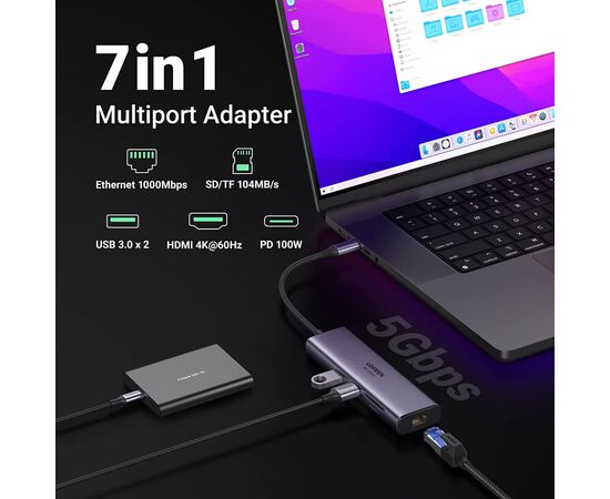 Концентратор Ugreen USB3.1 Type-C to HDMI/USB 3.0x2/RJ45/SD/TF/PD 100W CM512 (60515), изображение 4 Концентратор Ugreen USB3.1 Type-C to HDMI/USB 3.0x2/RJ45/SD/TF/PD 100W CM512 (60515), изображение 4