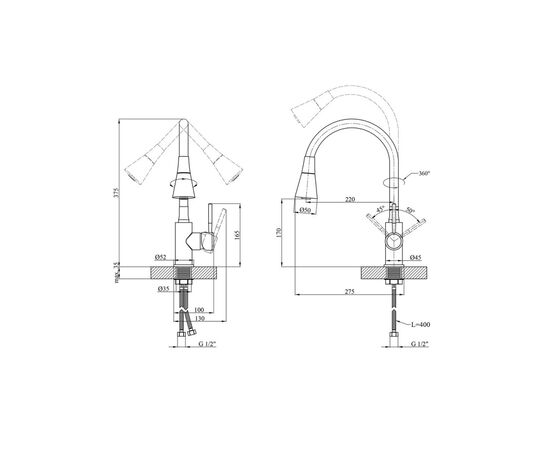 Смеситель Kroner Kuche-C132BLE, изображение 9 Смеситель Kroner Kuche-C132BLE, изображение 9
