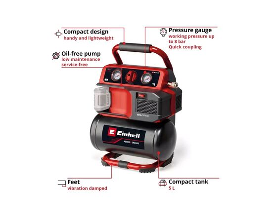 Компрессор Einhell TE-AC 18/75 Li OF - Solo, 18В PXC, 8бар, 75л/мин, 5л, (без АКБ и ЗУ) (4020410), изображение 5 Компрессор Einhell TE-AC 18/75 Li OF - Solo, 18В PXC, 8бар, 75л/мин, 5л, (без АКБ и ЗУ) (4020410), изображение 5