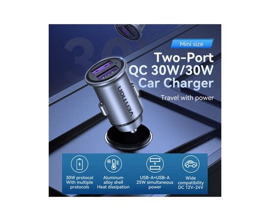 Зарядное устройство Vention 2USB-A 30W QC3.0 Gray Mini Style Aluminium Alloy Type (FFEH0), изображение 5 Зарядное устройство Vention 2USB-A 30W QC3.0 Gray Mini Style Aluminium Alloy Type (FFEH0), изображение 5