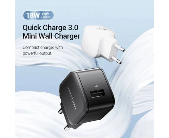 Зарядное устройство Vention 1xUSB 18W QC3.0 White (FEKW0-EU), изображение 2 Зарядное устройство Vention 1xUSB 18W QC3.0 White (FEKW0-EU), изображение 2