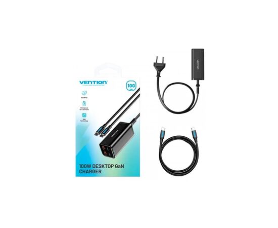 Зарядное устройство Vention 4xUSB 100W (2xUSB-C+2xUSB-A) PD3.0/QC 3.0/GaN Black (FBSBG-EU), изображение 2 Зарядное устройство Vention 4xUSB 100W (2xUSB-C+2xUSB-A) PD3.0/QC 3.0/GaN Black (FBSBG-EU), изображение 2