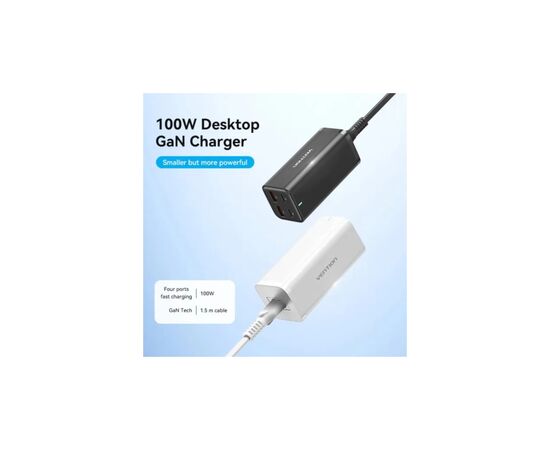 Зарядное устройство Vention 4xUSB 100W (2xUSB-C+2xUSB-A) PD3.0/QC 3.0/GaN Black (FBSBG-EU), изображение 3 Зарядное устройство Vention 4xUSB 100W (2xUSB-C+2xUSB-A) PD3.0/QC 3.0/GaN Black (FBSBG-EU), изображение 3