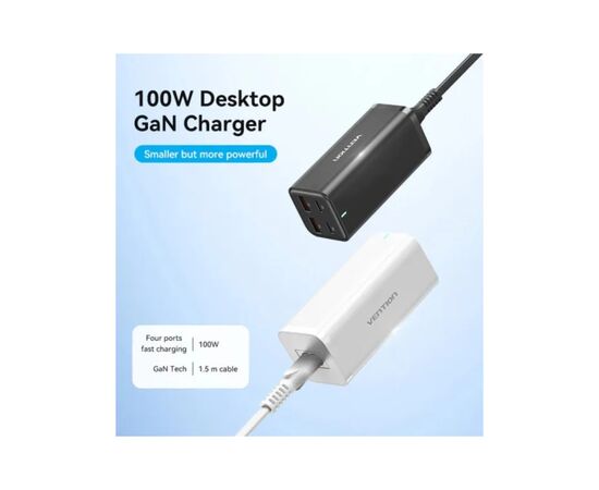 Зарядное устройство Vention 4xUSB 100W (2xUSB-C+2xUSB-A) PD3.0/QC 3.0/GaN White (FBSWG-EU), изображение 2 Зарядное устройство Vention 4xUSB 100W (2xUSB-C+2xUSB-A) PD3.0/QC 3.0/GaN White (FBSWG-EU), изображение 2