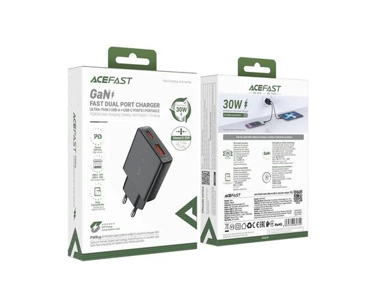 Зарядное устройство Acefast 2xUSB 30W (USB-C+USB-A) Gan A69 ultra-thin Fast Charger Black (6974316282709), изображение 4 Зарядное устройство Acefast 2xUSB 30W (USB-C+USB-A) Gan A69 ultra-thin Fast Charger Black (6974316282709), изображение 4