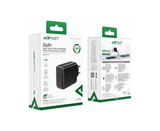 Зарядное устройство Acefast 2xUSB 50W (USB-C+USB-C) Gan A29 Fast Charger Black (6974316281443), изображение 5 Зарядное устройство Acefast 2xUSB 50W (USB-C+USB-C) Gan A29 Fast Charger Black (6974316281443), изображение 5