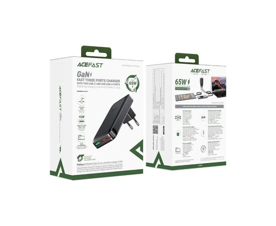 Зарядное устройство Acefast 3xUSB 65W (2xUSB-C+USB-A) Gan A100 Fast Charger Ultra thin black (6974316283492), изображение 6 Зарядное устройство Acefast 3xUSB 65W (2xUSB-C+USB-A) Gan A100 Fast Charger Ultra thin black (6974316283492), изображение 6