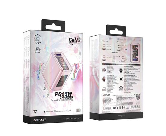 Зарядное устройство Acefast 3xUSB 65W (2xUSB-C+USB-A) Gan A45 Fast Charger Cherry blossom (6974316282082), изображение 5 Зарядное устройство Acefast 3xUSB 65W (2xUSB-C+USB-A) Gan A45 Fast Charger Cherry blossom (6974316282082), изображение 5