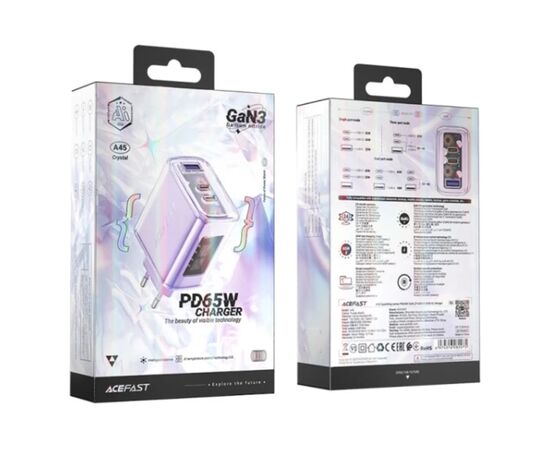 Зарядное устройство Acefast 3xUSB 65W (2xUSB-C+USB-A) Gan A45 Fast Charger Purple alfalfa (6974316282075), изображение 4 Зарядное устройство Acefast 3xUSB 65W (2xUSB-C+USB-A) Gan A45 Fast Charger Purple alfalfa (6974316282075), изображение 4