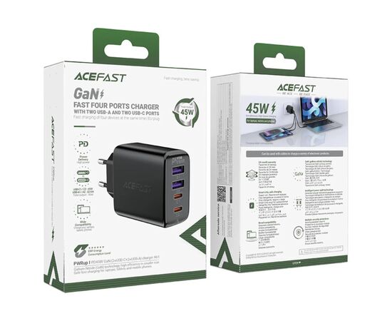 Зарядное устройство Acefast 4xUSB 45W (2xUSB-C+2xUSB-A) Gan A61 Fast Charger Black (6974316282754), изображение 5 Зарядное устройство Acefast 4xUSB 45W (2xUSB-C+2xUSB-A) Gan A61 Fast Charger Black (6974316282754), изображение 5