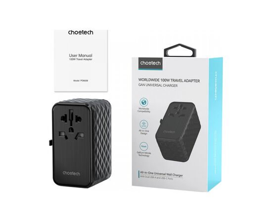 Зарядное устройство Choetech 4xUSB 100W PD (2хUSB-C+2хUSB-A) сharger diamond model black (PD6028-BK), изображение 3 Зарядное устройство Choetech 4xUSB 100W PD (2хUSB-C+2хUSB-A) сharger diamond model black (PD6028-BK), изображение 3