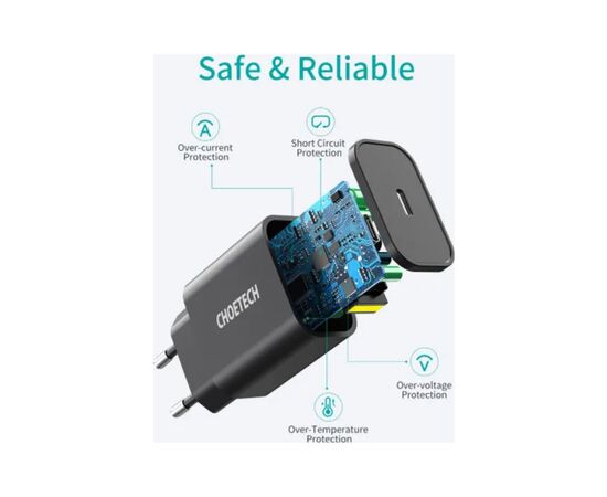 Зарядное устройство Choetech 1xUSB 20W (1 USB-C) PD matte wall charger black (Q5004-EU-BK), изображение 3 Зарядное устройство Choetech 1xUSB 20W (1 USB-C) PD matte wall charger black (Q5004-EU-BK), изображение 3