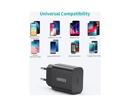 Зарядное устройство Choetech 1xUSB 20W (1 USB-C) PD matte wall charger black (Q5004-EU-BK), изображение 5 Зарядное устройство Choetech 1xUSB 20W (1 USB-C) PD matte wall charger black (Q5004-EU-BK), изображение 5