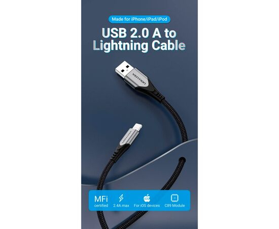 Дата кабель USB 2.0 AM to Lightning 2.0m 2.4A Aluminum Alloy Purple Vention (LABVH), изображение 2 Дата кабель USB 2.0 AM to Lightning 2.0m 2.4A Aluminum Alloy Purple Vention (LABVH), изображение 2