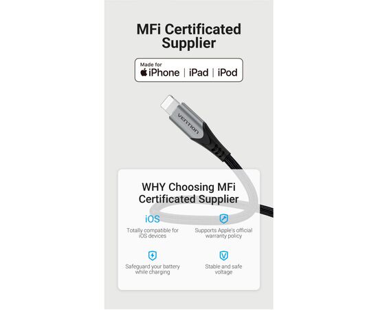 Дата кабель USB 2.0 AM to Lightning 2.0m 2.4A Aluminum Alloy Purple Vention (LABVH), изображение 3 Дата кабель USB 2.0 AM to Lightning 2.0m 2.4A Aluminum Alloy Purple Vention (LABVH), изображение 3