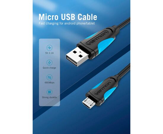 Дата кабель USB 2.0 AM to Micro 5P 0.5m Black Vention (VAS-A08-B050), изображение 2 Дата кабель USB 2.0 AM to Micro 5P 0.5m Black Vention (VAS-A08-B050), изображение 2