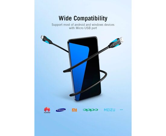 Дата кабель USB 2.0 AM to Micro 5P 2.0m Black Vention (VAS-A08-B200), изображение 5 Дата кабель USB 2.0 AM to Micro 5P 2.0m Black Vention (VAS-A08-B200), изображение 5