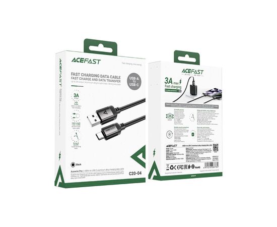 Дата кабель USB 2.0 AM to Type-C 1.2m 3.0A (18W) C20-04 aluminum alloy Black Acefast (6974316283782), изображение 5 Дата кабель USB 2.0 AM to Type-C 1.2m 3.0A (18W) C20-04 aluminum alloy Black Acefast (6974316283782), изображение 5