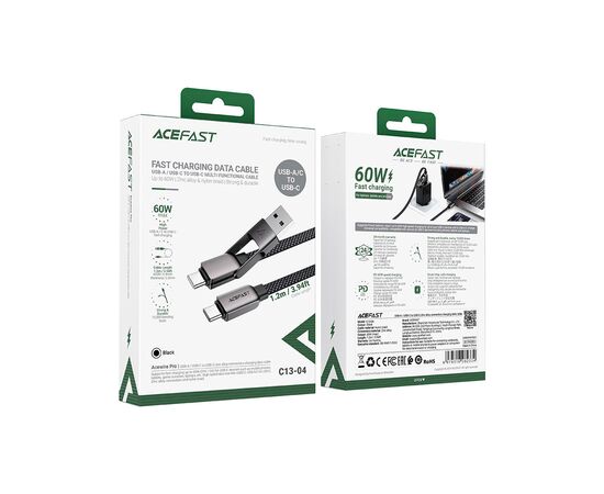 Дата кабель USB-C to USB-C/A 1.2m 3.0A zink alloy C13-04 Black Acefast (6974316282334), изображение 5 Дата кабель USB-C to USB-C/A 1.2m 3.0A zink alloy C13-04 Black Acefast (6974316282334), изображение 5