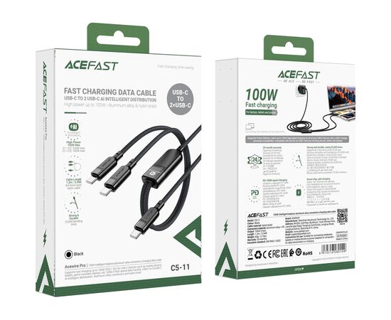 Дата кабель USB 2.0 USB-C 2in1 0.8m + sub 0.4m, 100W, C5-11 Acefast (6974316280149), изображение 6 Дата кабель USB 2.0 USB-C 2in1 0.8m + sub 0.4m, 100W, C5-11 Acefast (6974316280149), изображение 6