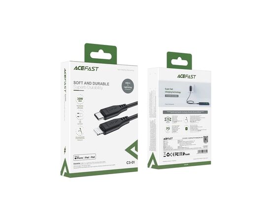 Дата кабель USB-C to Lightning 1.2m 3.0A TPE C3-01 Black Acefast (6974316280804), изображение 3 Дата кабель USB-C to Lightning 1.2m 3.0A TPE C3-01 Black Acefast (6974316280804), изображение 3