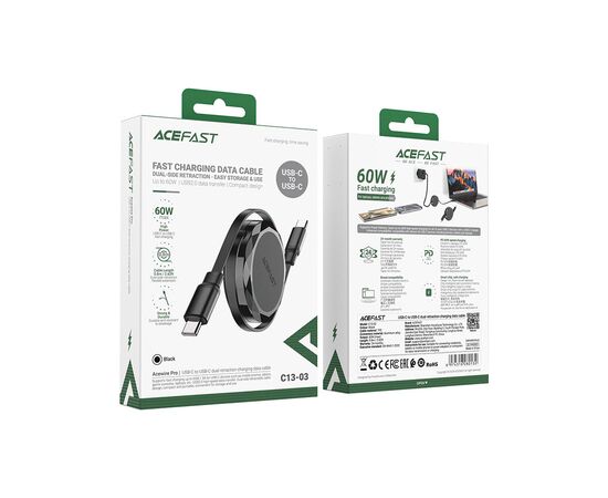Дата кабель USB-C to USB-C 0.8m 60W dual retraction C13-03 Black Acefast (6974316280132), изображение 6 Дата кабель USB-C to USB-C 0.8m 60W dual retraction C13-03 Black Acefast (6974316280132), изображение 6