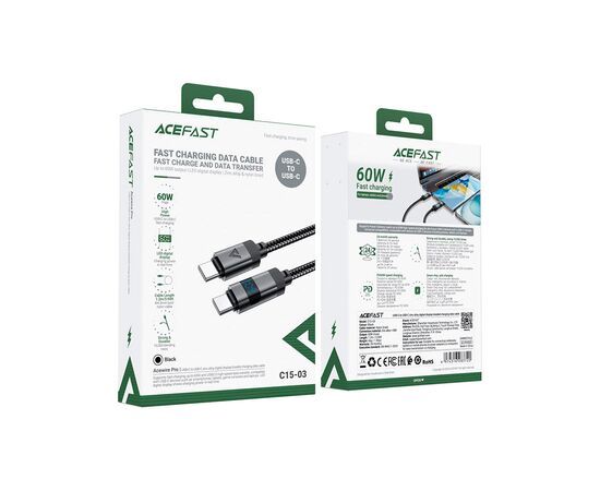 Дата кабель USB-C to USB-C 1.2m 60W digital display C15-03 Black Acefast (6974316283720), изображение 5 Дата кабель USB-C to USB-C 1.2m 60W digital display C15-03 Black Acefast (6974316283720), изображение 5