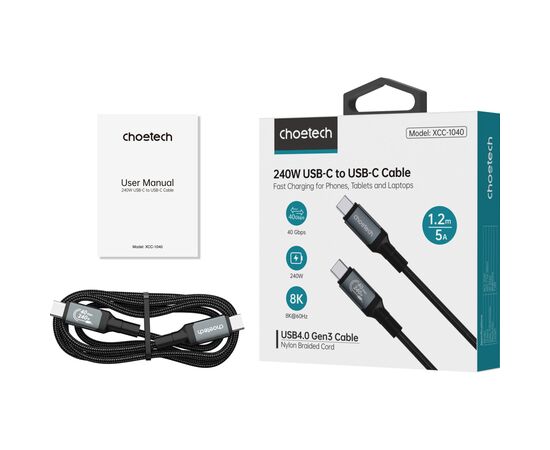 Дата кабель USB-C to USB-C 1.2m USB4.0 Gen3 240W (8K HDR) Choetech (XCC-1040-GY), изображение 4 Дата кабель USB-C to USB-C 1.2m USB4.0 Gen3 240W (8K HDR) Choetech (XCC-1040-GY), изображение 4