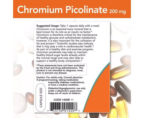 Минералы Now Foods Пиколинат Хрома, 200 мкг, Chromium Picolinate, 100 вегетарианских к (NF1420), изображение 2 Минералы Now Foods Пиколинат Хрома, 200 мкг, Chromium Picolinate, 100 вегетарианских к (NF1420), изображение 2