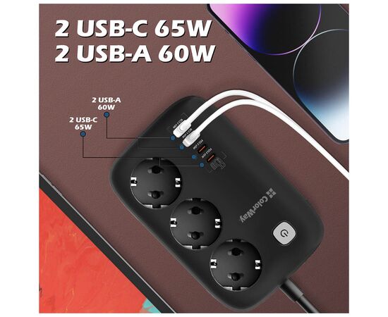 Сетевой фильтр питания ColorWay CW-CHE34PDB 3 роз/4USB GaN3 Pro (CW-CHE34PDB), изображение 8 Сетевой фильтр питания ColorWay CW-CHE34PDB 3 роз/4USB GaN3 Pro (CW-CHE34PDB), изображение 8