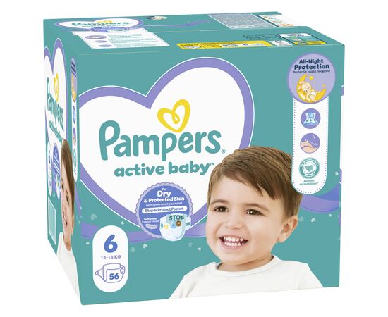 Подгузники Pampers Active Baby Giant Размер 6 (13-18 кг) 56 шт (8001090950130), изображение 2 Подгузники Pampers Active Baby Giant Размер 6 (13-18 кг) 56 шт (8001090950130), изображение 2