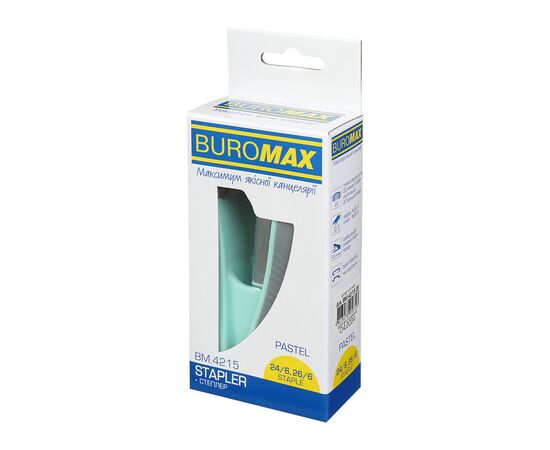 Степлер Buromax пластиковый PASTEL, 20 листов, (скобы №24, 26), 111 х 62 х 32 мм, мятный (BM.4215-38), изображение 5 Степлер Buromax пластиковый PASTEL, 20 листов, (скобы №24, 26), 111 х 62 х 32 мм, мятный (BM.4215-38), изображение 5