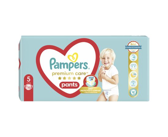 Подгузники Pampers Premium Care Pants Junior Размер 5 (12-17 кг), 52 шт (8001090760036), изображение 2 Подгузники Pampers Premium Care Pants Junior Размер 5 (12-17 кг), 52 шт (8001090760036), изображение 2