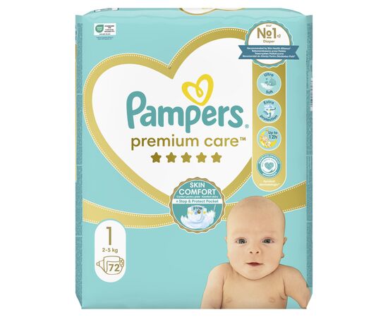 Підгузок Pampers Premium Care Розмір 1 (2-5 кг) 72 шт (8006540858073), зображення 2 Підгузок Pampers Premium Care Розмір 1 (2-5 кг) 72 шт (8006540858073), зображення 2