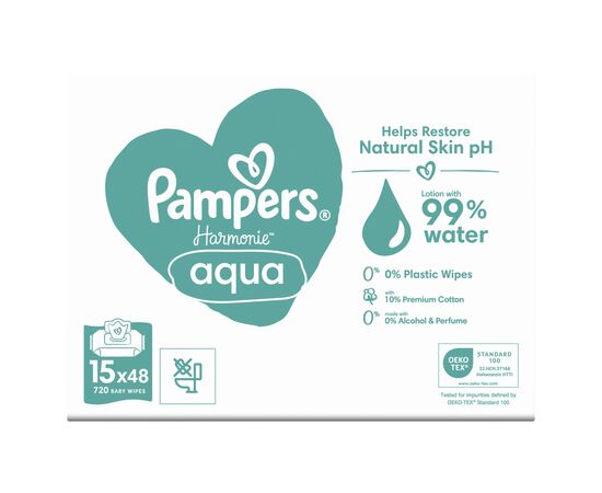 Детские влажные салфетки Pampers Harmonie Aqua 15 пачек x 48 шт (8006540510247), изображение 2 Детские влажные салфетки Pampers Harmonie Aqua 15 пачек x 48 шт (8006540510247), изображение 2