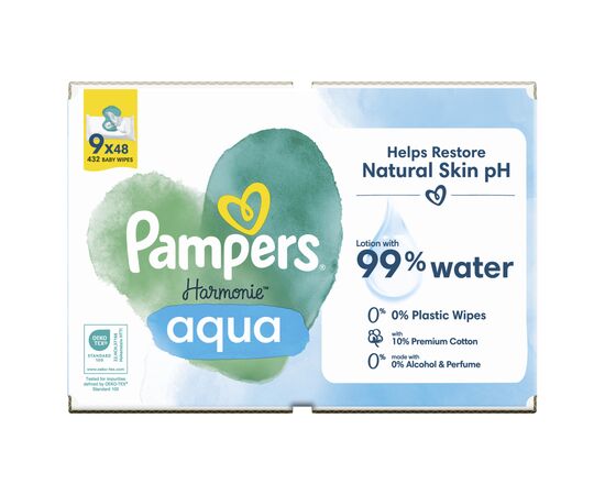 Дитячі вологі серветки Pampers Harmonie Aqua 9 пачок х 48 шт (8006540811245), зображення 2 Дитячі вологі серветки Pampers Harmonie Aqua 9 пачок х 48 шт (8006540811245), зображення 2