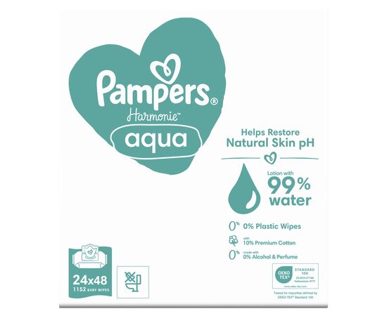 Детские влажные салфетки Pampers Harmonie Aqua 24 пачки х 48 шт (8006540811276), изображение 2 Детские влажные салфетки Pampers Harmonie Aqua 24 пачки х 48 шт (8006540811276), изображение 2
