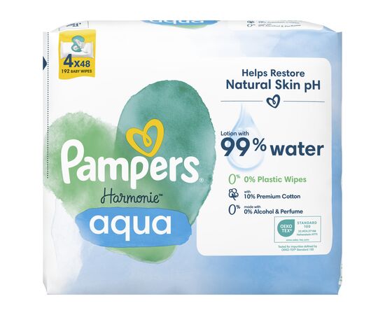 Детские влажные салфетки Pampers Harmonie Aqua 4 пачки х 48 шт (8006540556139), изображение 2 Детские влажные салфетки Pampers Harmonie Aqua 4 пачки х 48 шт (8006540556139), изображение 2