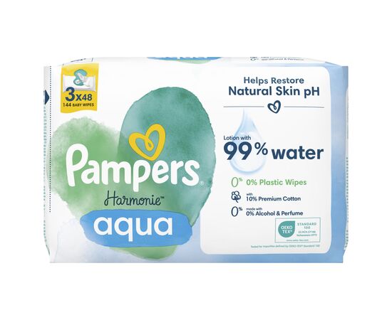Детские влажные салфетки Pampers Harmonie Aqua 3 пачки х 48 шт (8006540458525), изображение 2 Детские влажные салфетки Pampers Harmonie Aqua 3 пачки х 48 шт (8006540458525), изображение 2