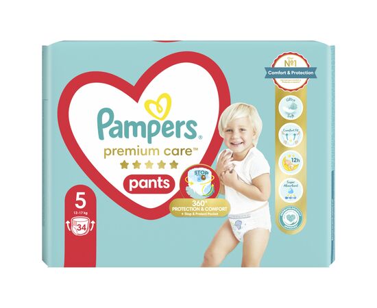 Подгузники Pampers Premium Care Pants Junior Размер 5 (12-17 кг) 34 шт (8001090759870), изображение 2 Подгузники Pampers Premium Care Pants Junior Размер 5 (12-17 кг) 34 шт (8001090759870), изображение 2