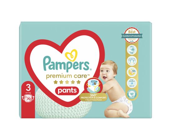 Подгузник Pampers Premium Care Pants Midi Размер 3 (6-11 кг), 70 шт (8001090759955), изображение 2 Подгузник Pampers Premium Care Pants Midi Размер 3 (6-11 кг), 70 шт (8001090759955), изображение 2