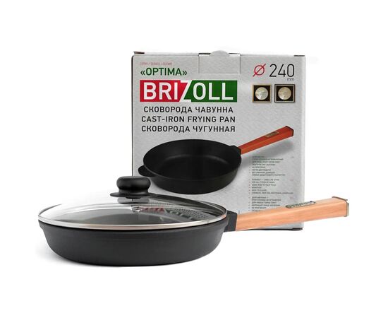 Сковорода Brizoll Optima чавунна з ручкою та скляною кришкою 240х40 мм (O2440-P-C), изображение 2 Сковорода Brizoll Optima чавунна з ручкою та скляною кришкою 240х40 мм (O2440-P-C), изображение 2