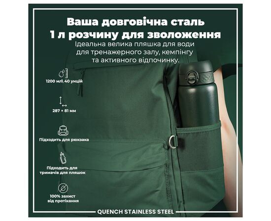 Пляшка для води ION8 OneTouch Stainless Steel 1200 мл Dark Green (I8SS1000DGRE), зображення 5 Пляшка для води ION8 OneTouch Stainless Steel 1200 мл Dark Green (I8SS1000DGRE), зображення 5