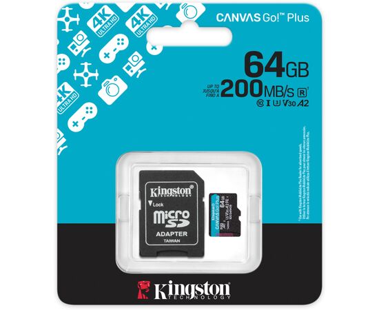 Карта памяти Kingston 64GB microSDXC сlass 10 UHS-I U3 V30 A2 Canvas Go Plus G4 (SDCG4/64GBSP), изображение 3 Карта памяти Kingston 64GB microSDXC сlass 10 UHS-I U3 V30 A2 Canvas Go Plus G4 (SDCG4/64GBSP), изображение 3