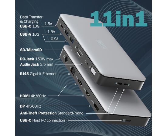 Порт-реплікатор Digitus USB-C > 2xHDMI/DP/2xUSB-A/USB-C/SD/MicroSD/RJ54/DC/Audio (DA-70917), зображення 7 Порт-реплікатор Digitus USB-C > 2xHDMI/DP/2xUSB-A/USB-C/SD/MicroSD/RJ54/DC/Audio (DA-70917), зображення 7