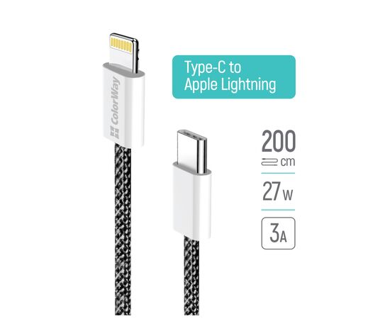 Дата кабель USB-C to Lightning 2.0m (PDF Fast Charging 27W) black ColorWay (CW-CBPDCL068-BK), изображение 9 Дата кабель USB-C to Lightning 2.0m (PDF Fast Charging 27W) black ColorWay (CW-CBPDCL068-BK), изображение 9