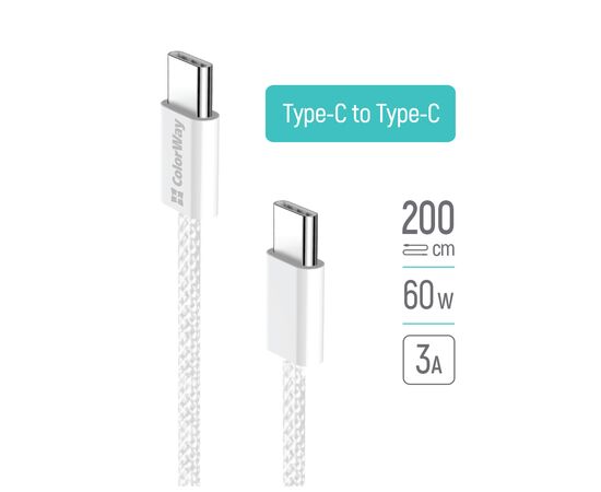 Дата кабель USB-C to USB-C 2.0m (braided cotton) (PD Fast Charging 60W) 3.0А grey ColorWay (CW-CBPDCC068-GR), изображение 9 Дата кабель USB-C to USB-C 2.0m (braided cotton) (PD Fast Charging 60W) 3.0А grey ColorWay (CW-CBPDCC068-GR), изображение 9