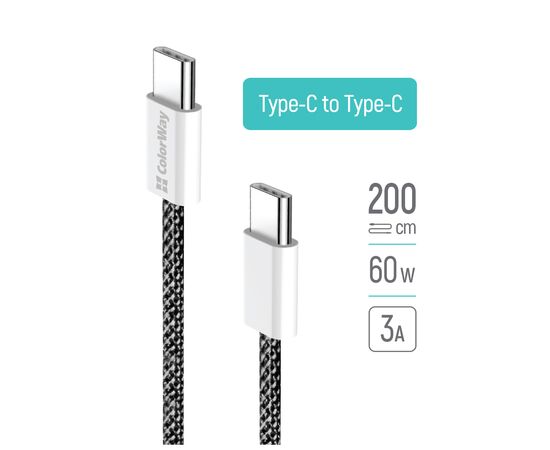 Дата кабель USB-C to USB-C 2.0m (braided cotton) (PD Fast Charging 60W) 3.0А black ColorWay (CW-CBPDCC068-BK), изображение 9 Дата кабель USB-C to USB-C 2.0m (braided cotton) (PD Fast Charging 60W) 3.0А black ColorWay (CW-CBPDCC068-BK), изображение 9